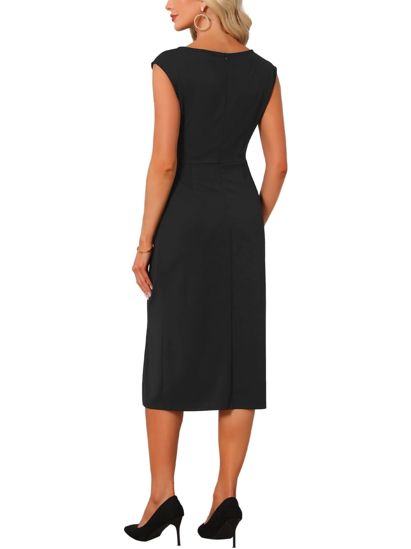 black formal office dresses Inspire Chic Women's Sheath Dress Ruched Boat Neck Cap Sleeve Elegant Work 2XL 260SSOCT2024
