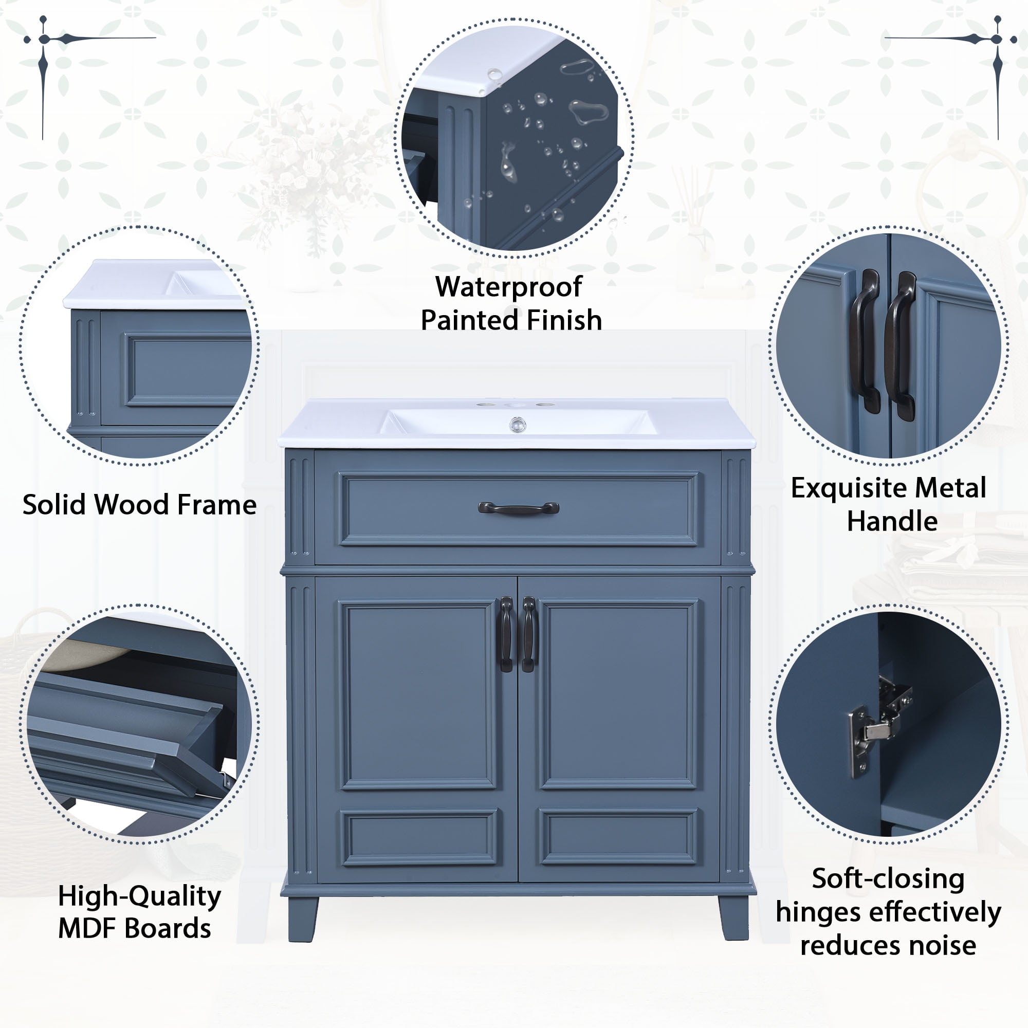 Harper & Bright Designs 30" Bathroom Vanity Sink Combo, Bathroom Storage Cabinet with Drawers, Single Sink Bathroom Vanity with Soft Closing Doors, Blue