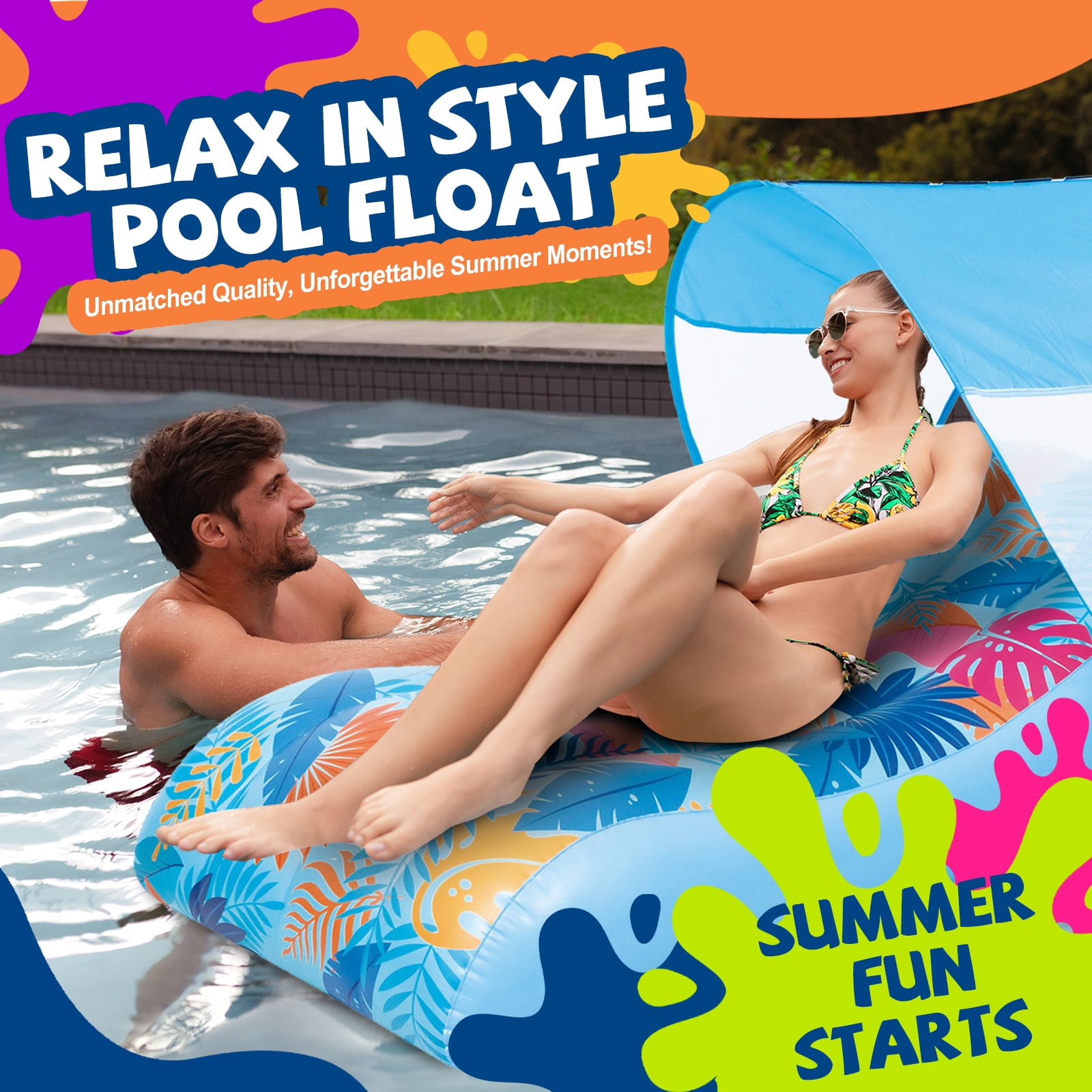 Honeydrill Inflatable Pool Float with Canopy, Water Lounger Raft Hammock
