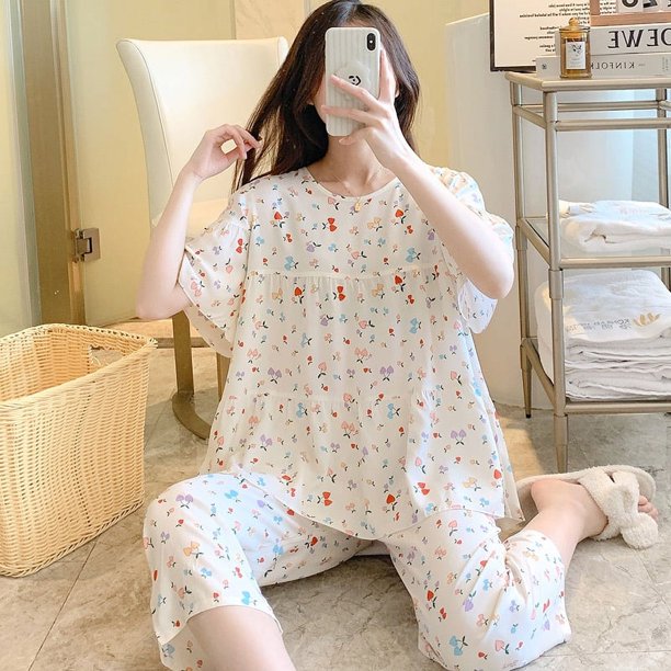 Pijama de seda de algodón de manga corta de verano para mujer, estilo occidental, fino, con aire acondicionado, ropa de casa, traje de seda de algodón para estudiantes dulces para niñas