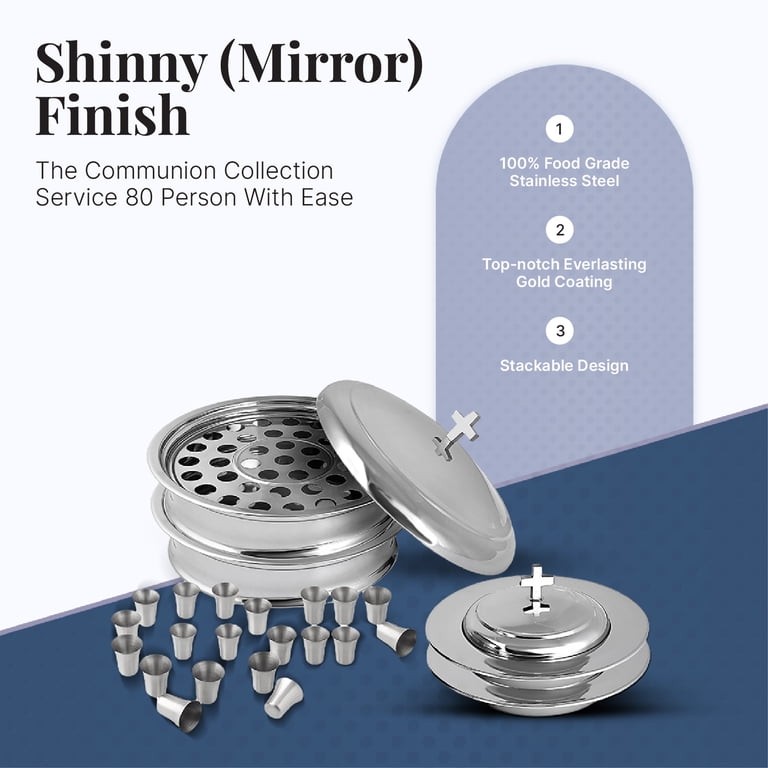 Zhehao 3-Piece Gold Communion Set With Lid - Stainless Steel Trays, Plate, Cup Filler & 100 Disposable Cups
