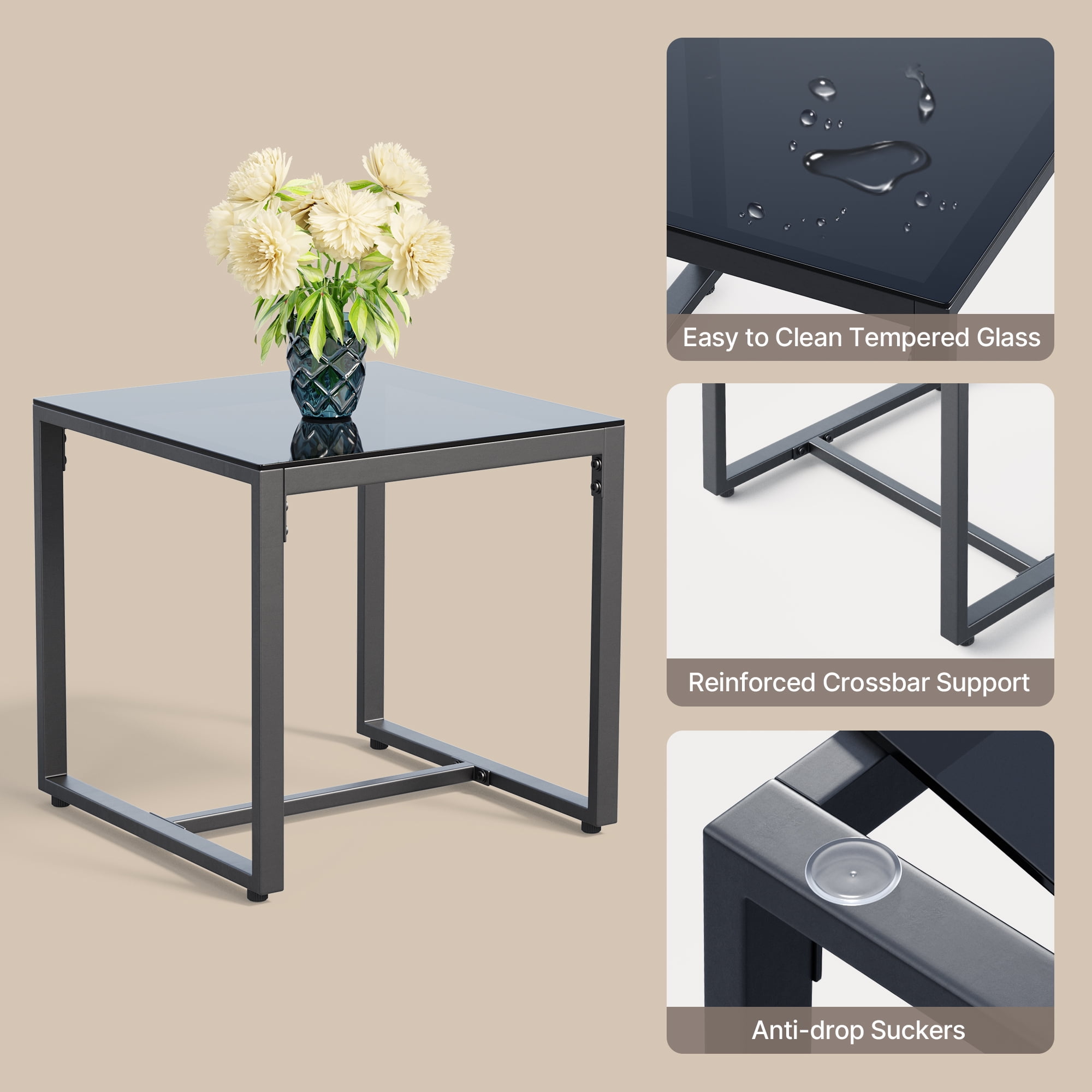 Small Patio Furniture Set, Lofka 3 Pieces Patio Set, All-weather Wicker Chairs and Glass Coffee Table with Grey Cushions, Gray