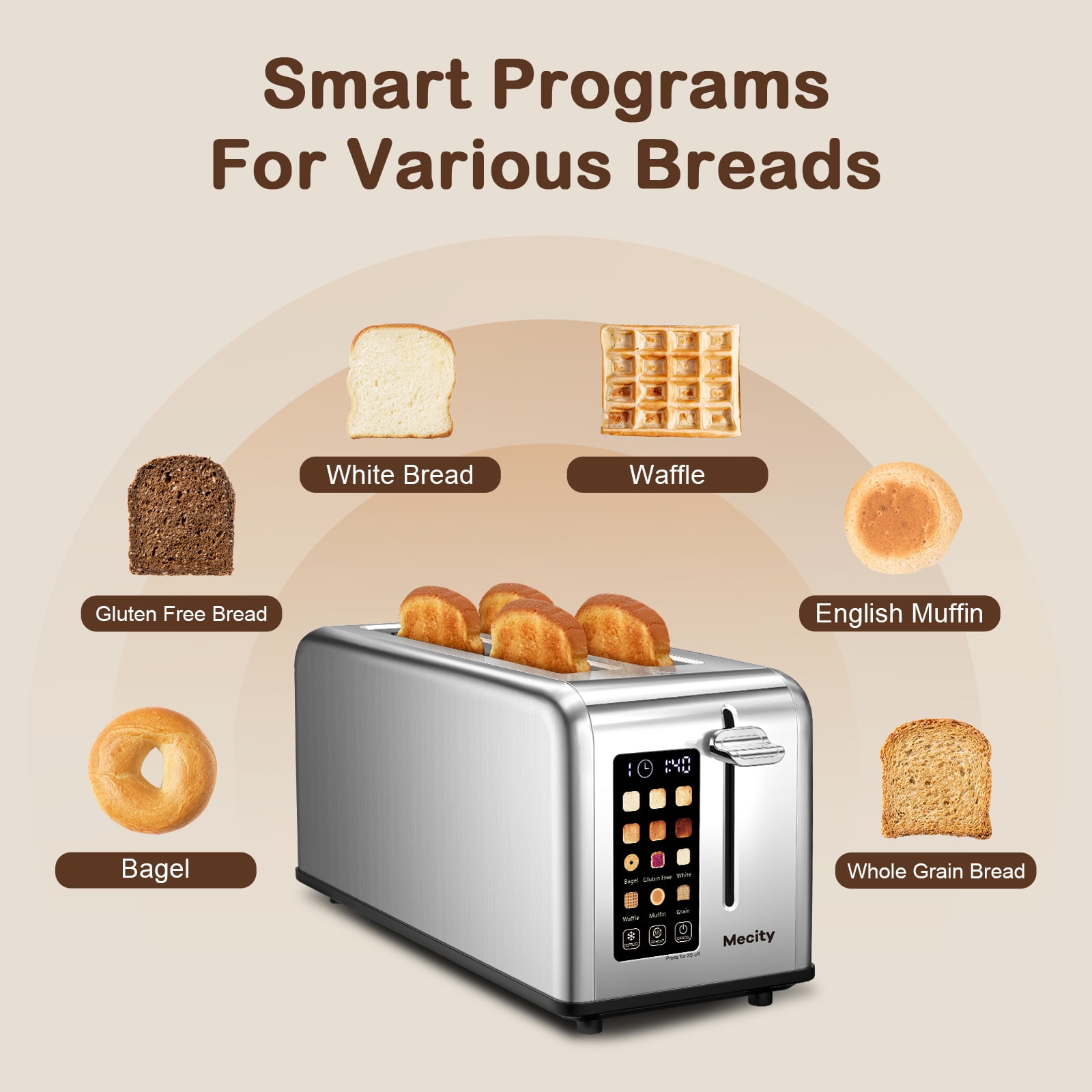 Mecity 4-Slice Toaster with Touchscreen, Stainless Steel, Long Slots, Crumb Tray, Timer, Defrost, Reheat, 120V 1400W, Silver