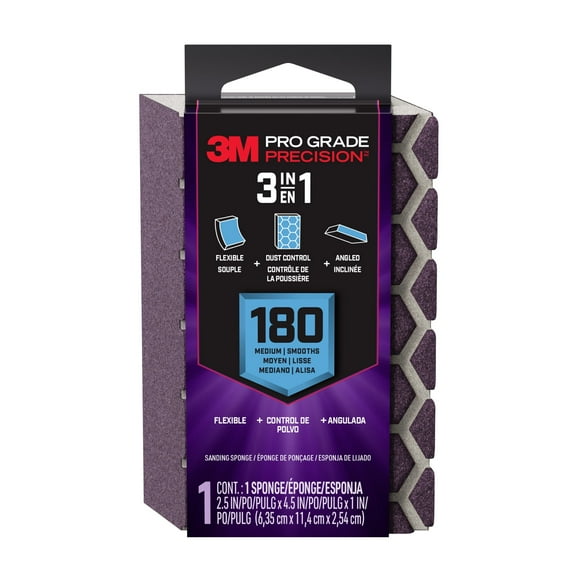 3M Pro Grade Precision Sanding Block, Drywall Sponge, 2.5 in x 4.5 in x 1 in, 180 Grit, Medium, 1 Sponge