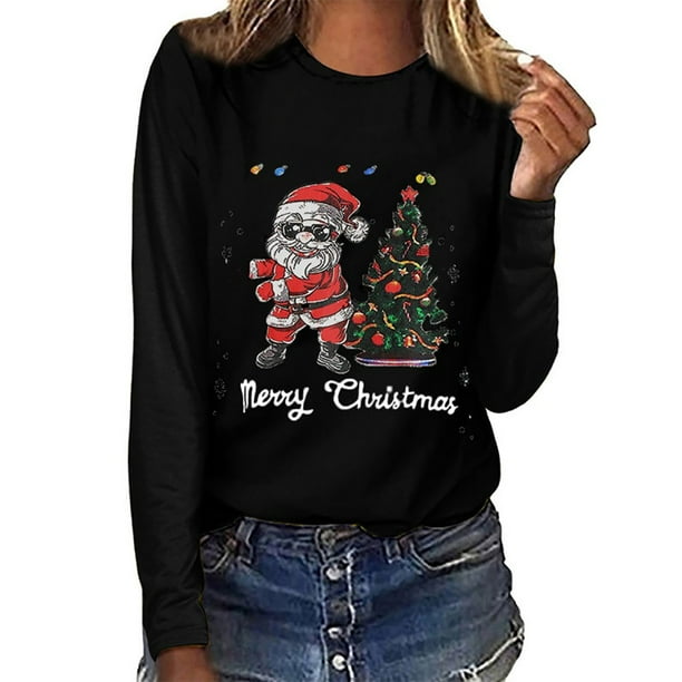 Pntutb Mujer Árbol de Navidad top Casual Manga Larga O-cuello Sudadera Pullover Blusa Pntutb Pntutb-4714
