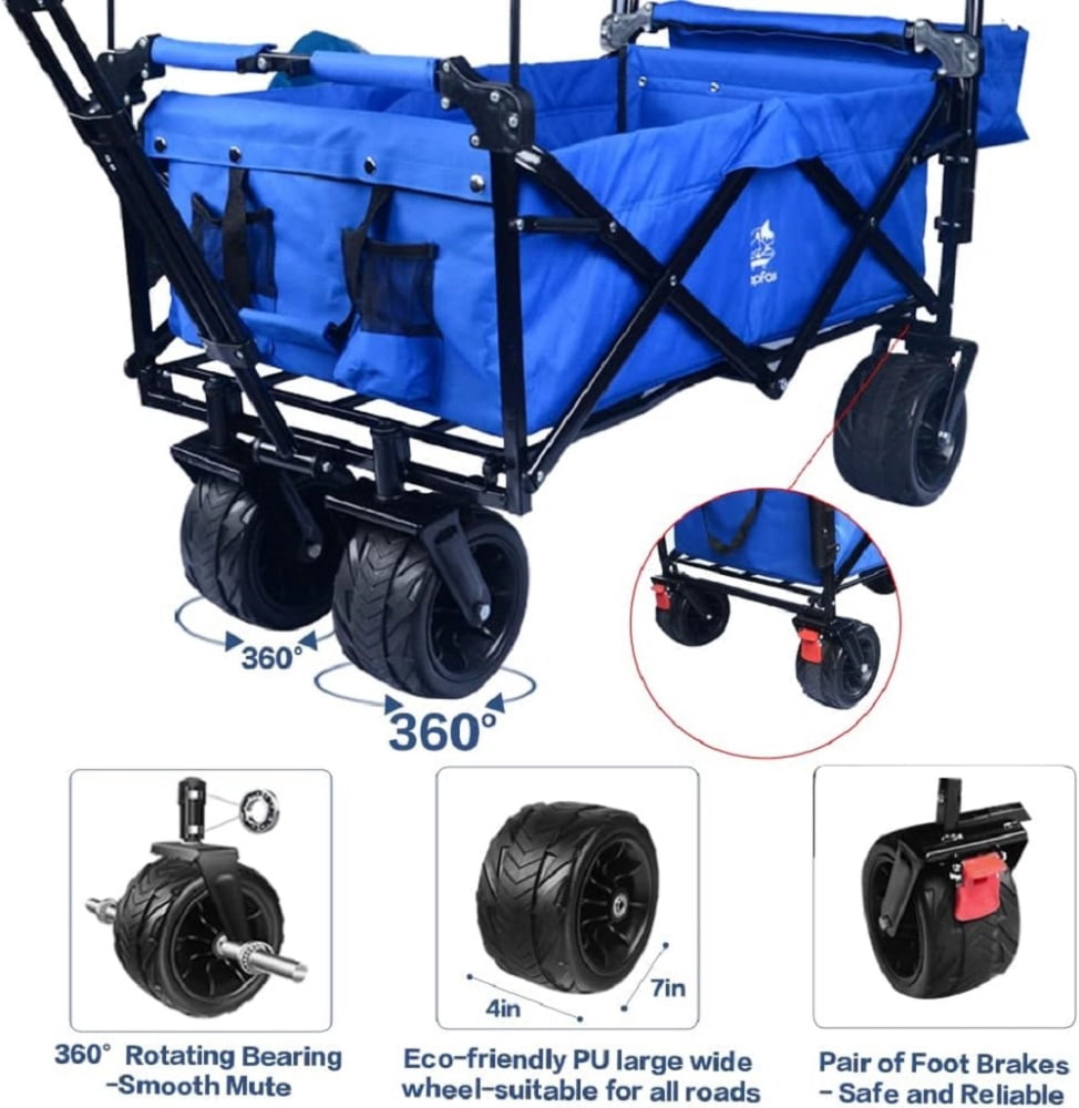 Collapsible Wagon Wagon Cart with Removable Canopy, Heavy Duty Foldable Beach Wagon with  All Terrain Wheels and Brake, Adjustable Push Pull Handle, 220LBS Cooler Bag Utility Carts for Outdoor, Blue