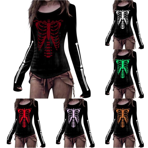 Yuhangmm Halloween Tshirts Women Halloween Skeleton Printed T Shirt with Cool Skeleton Design for Holiday Wear M