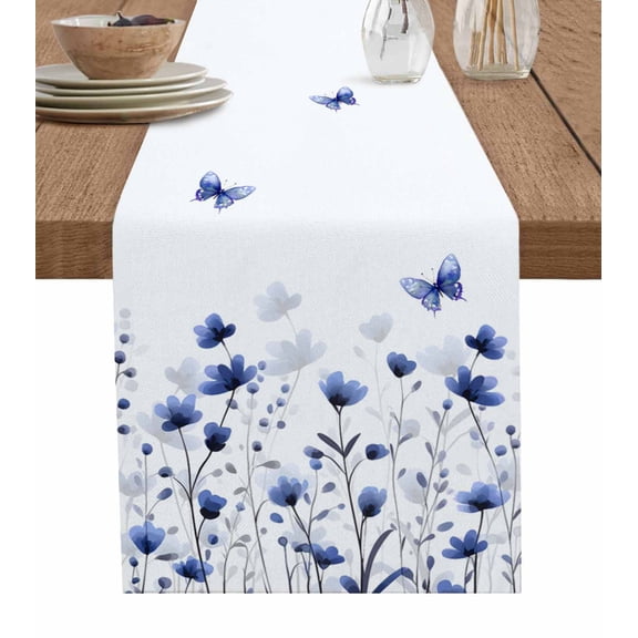 Purple Floral Butterfly Table Runner 72 Inches, Spring Rustic Botanical Flowers Bed Runner Dresser Scarves Tabletop for Indoor Outdoor Parties/Ceremony/Banquet, 13" x 72"