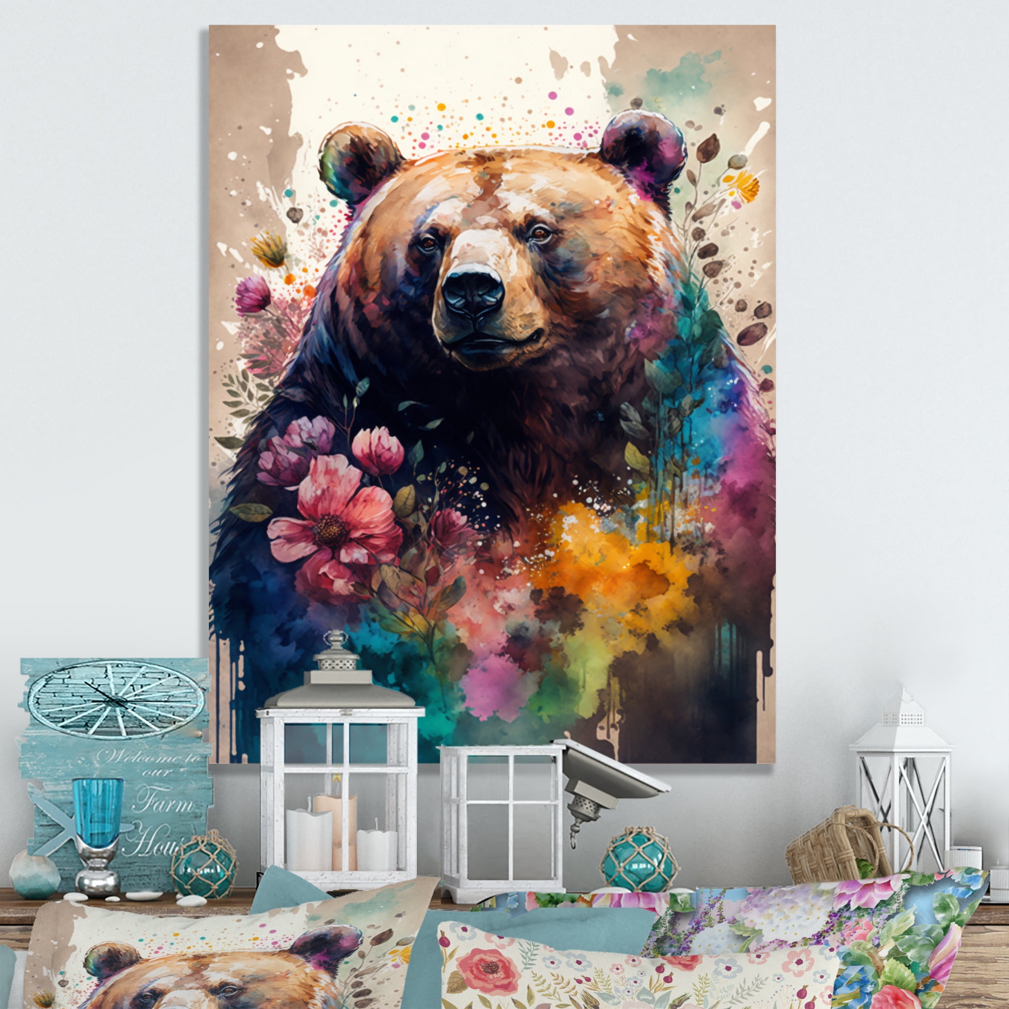Designart Cute Bear Floral Art II Canvas Wall Art