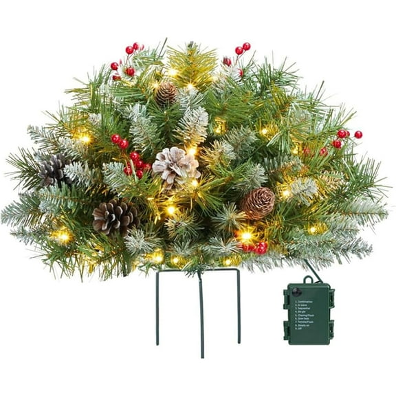 Pre-lit Faux Holiday Planter Filler, Battery-Operated Outdoor Christmas Planter with LED Lights, 8 Modes, Realistic Greenery, Holiday Porch Decoration (1, B)