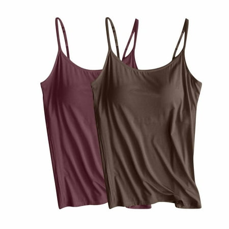 LYEAA Tank Top with Built in Bra Sports 2 Pack of Plus Size Spaghetti Strap Wirefree Workout Yoga Loose Summer Casual Undershirt Solid Crew Neck Sleeveless Fashion Ladies Pullover Shirts Red 4XL