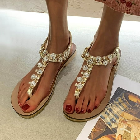 

Fashion Wood Grain Sole Sandals Spring And Summer Rhinestone Herringbone Roman Shoes Flip Seaside Elastic Flat Sandals Note Please Buy One Or Two Sizes Larger