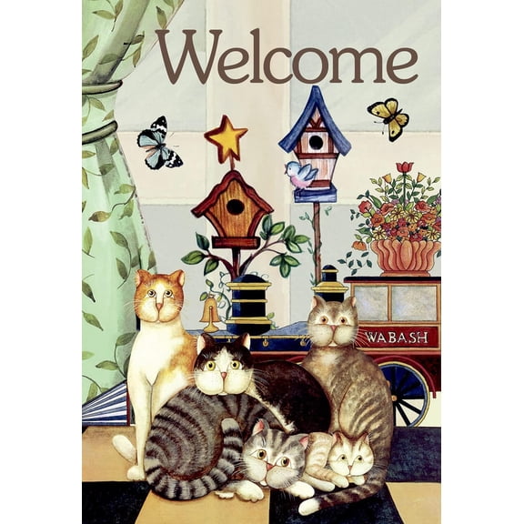 Welcome Cat With Butterflies Garden Flag, Spring Summer Outdoor Yard Decoration, 12" x 18"