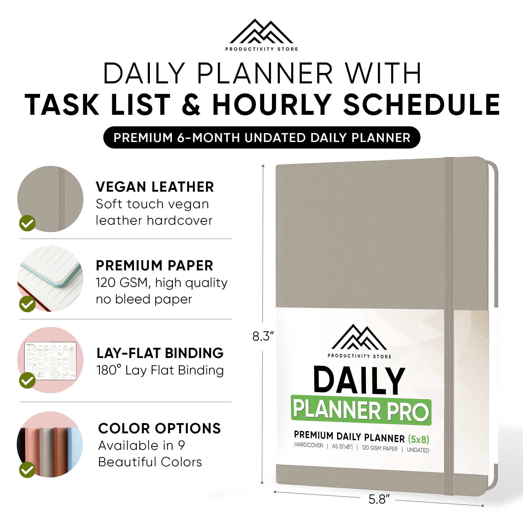 2024 Daily Planner - 6-Month Undated Daily Planner With Daily Tasks, Goals & Schedule - Best Goal Planner For Productivity and Personal Success - A5 5" x 8" Size -  Gray -Productivity Store