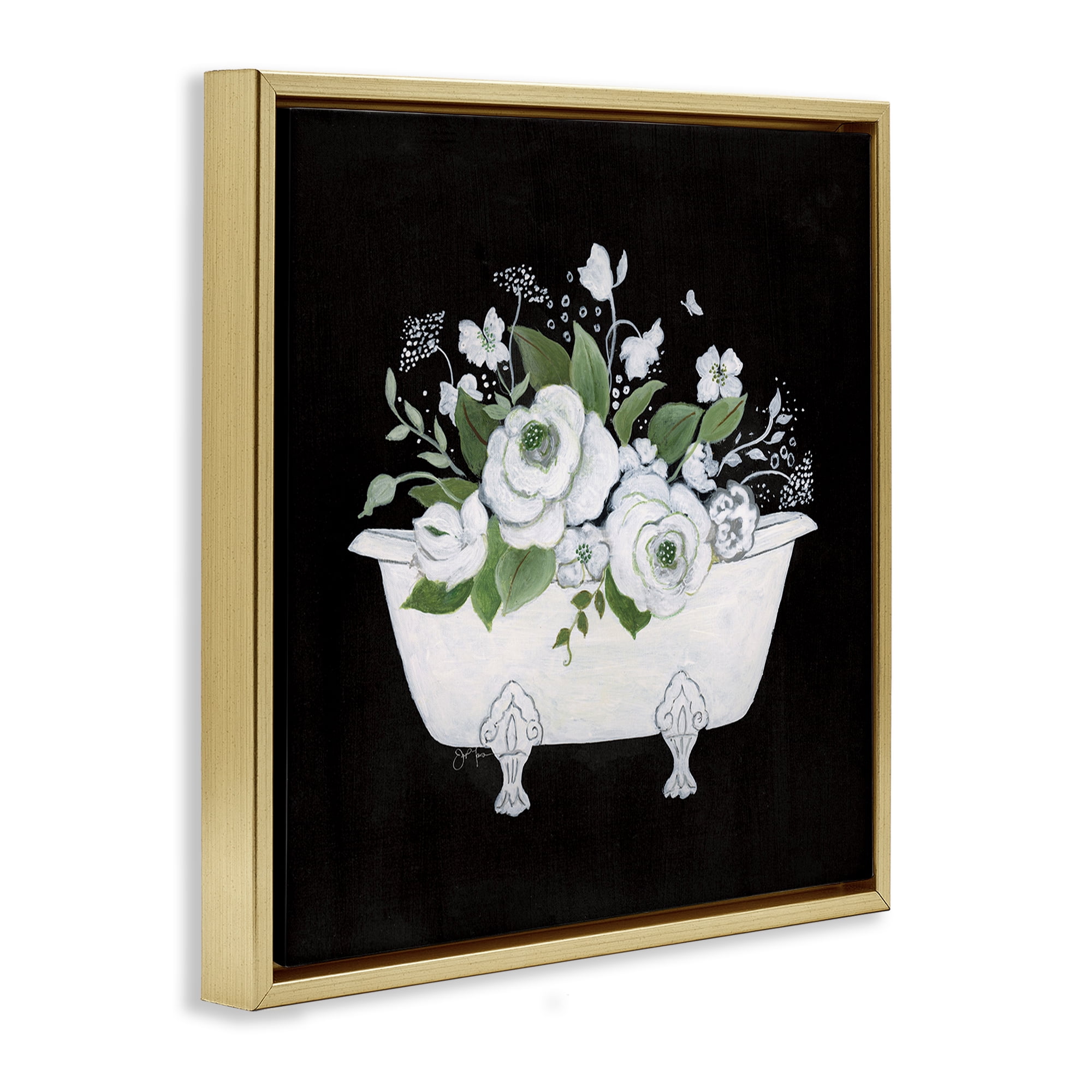 Stupell Industries White & Black Bath Typography Painting Gold Floater Framed Canvas Art Print Wall Art, 18 x 18