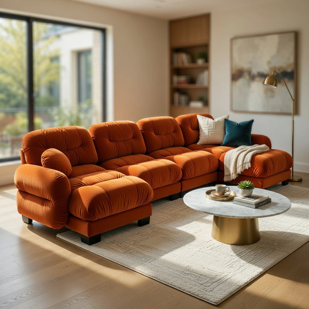 Hommoo Chenille 4-Piece L-Shaped Modular Sectional Sofa Set with Ottoman, Ergonomic High-Density Foam Cushions, Curved Armrests & 2 Throw Pillows, Pleated Back Design, Orange