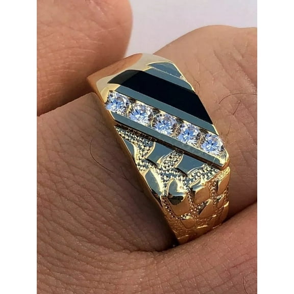 "14K Gold Plated 925 Silver Nugget Black Onyx Iced Simulated Diamond Ring - Hip Hop Style"