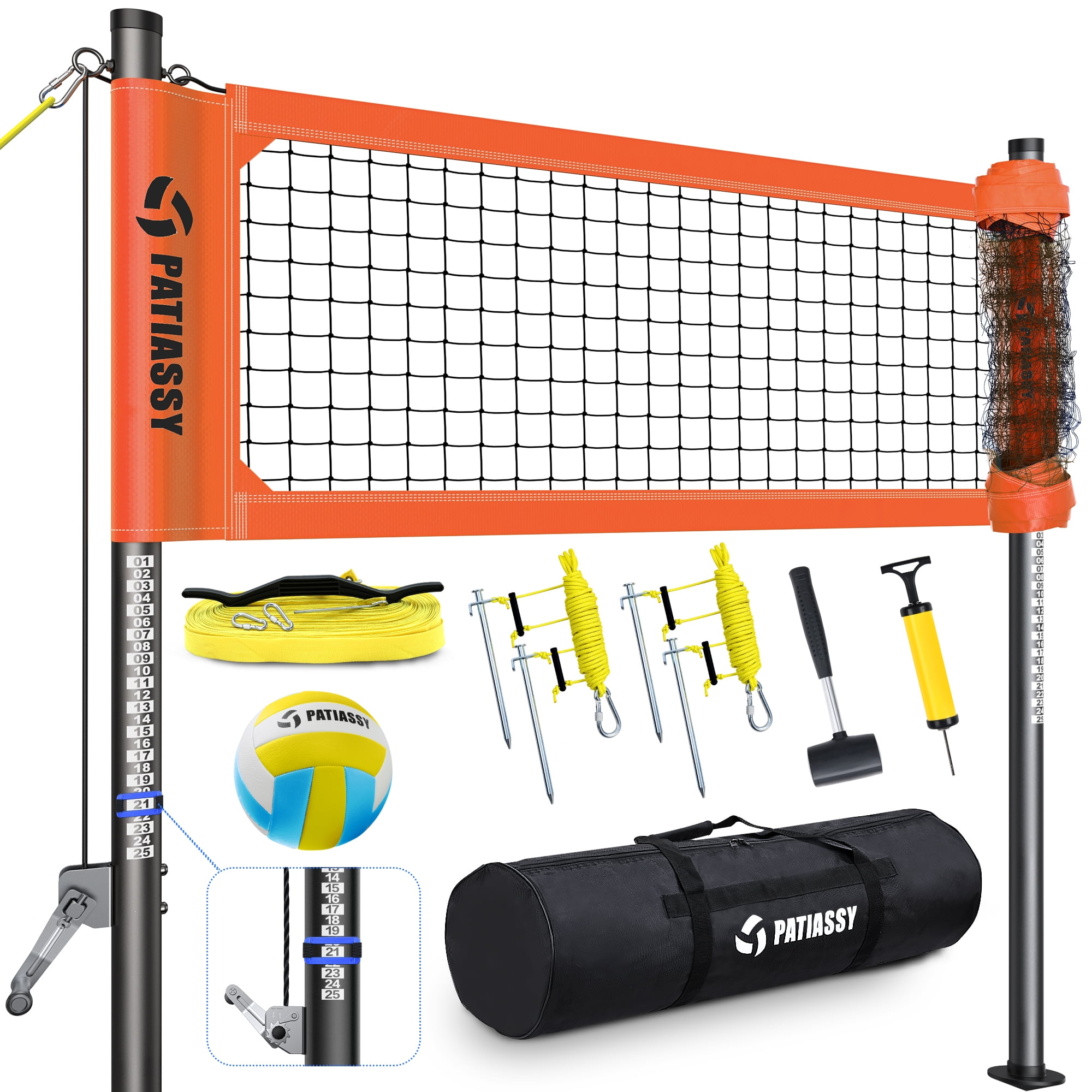 Patiassy Heavy Duty Professional Portable Volleyball Net for Backyard Outdoor with Adjustable Aluminum Poles Winch System Steel Stakes Anti-Sag Design Pump and 1680D Carry Bag for Beach Grass