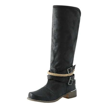 

nsendm Womens Extra Wide Calf Boots Womens Shoes Square Toe Belt Buckle Back Zipper Wedding Boots for Women Wide Calf Black 8.5
