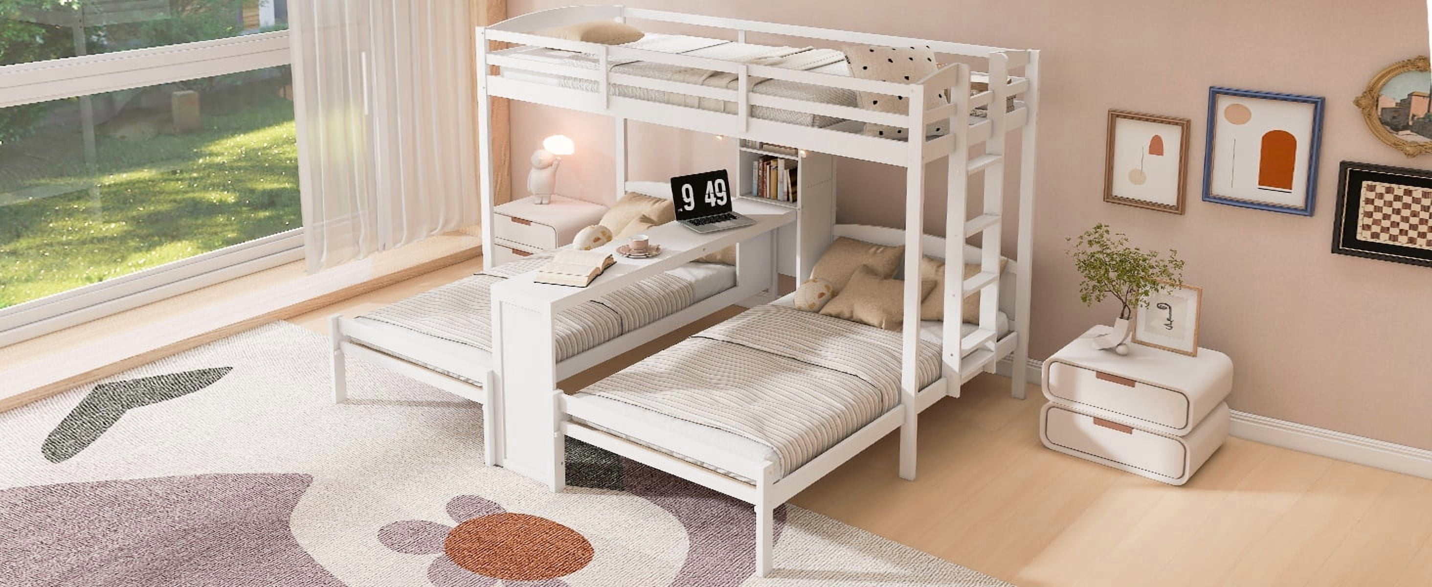 Mintazer Twin over Twin over Twin Bunk Bed with Desk, Bunk Bed with Reading Lamp and Storage Shelves, White