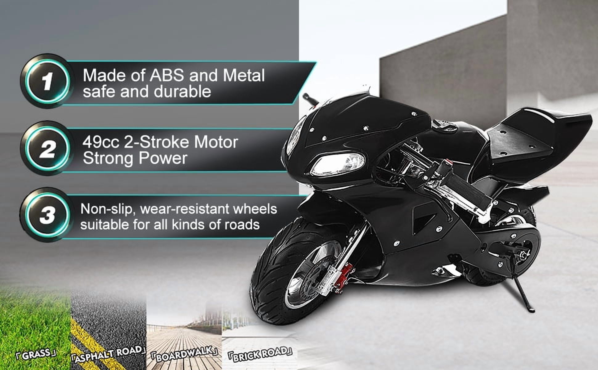 Mohsoe 49cc 2-Stroke Mini Motorbike, Gas Powered Kids Pocket Bike with Front & Rear Disc Brakes, Dual Headlights, Chain Drive with Cover, Pull Start, Recommended Age Over 13, 40 x 21 x 23 Inch