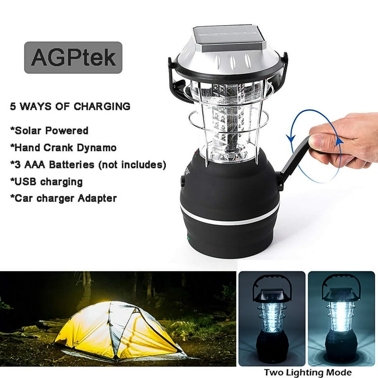 AGPtek Solar Camping Light, Hand Crank Dynamo Solar Super Bright  Rechargeable 36 LED Lantern Outdoor Camping Emergency Light- 2 Light modes  & 5 Charging Modes with Universal USB Charging Port 