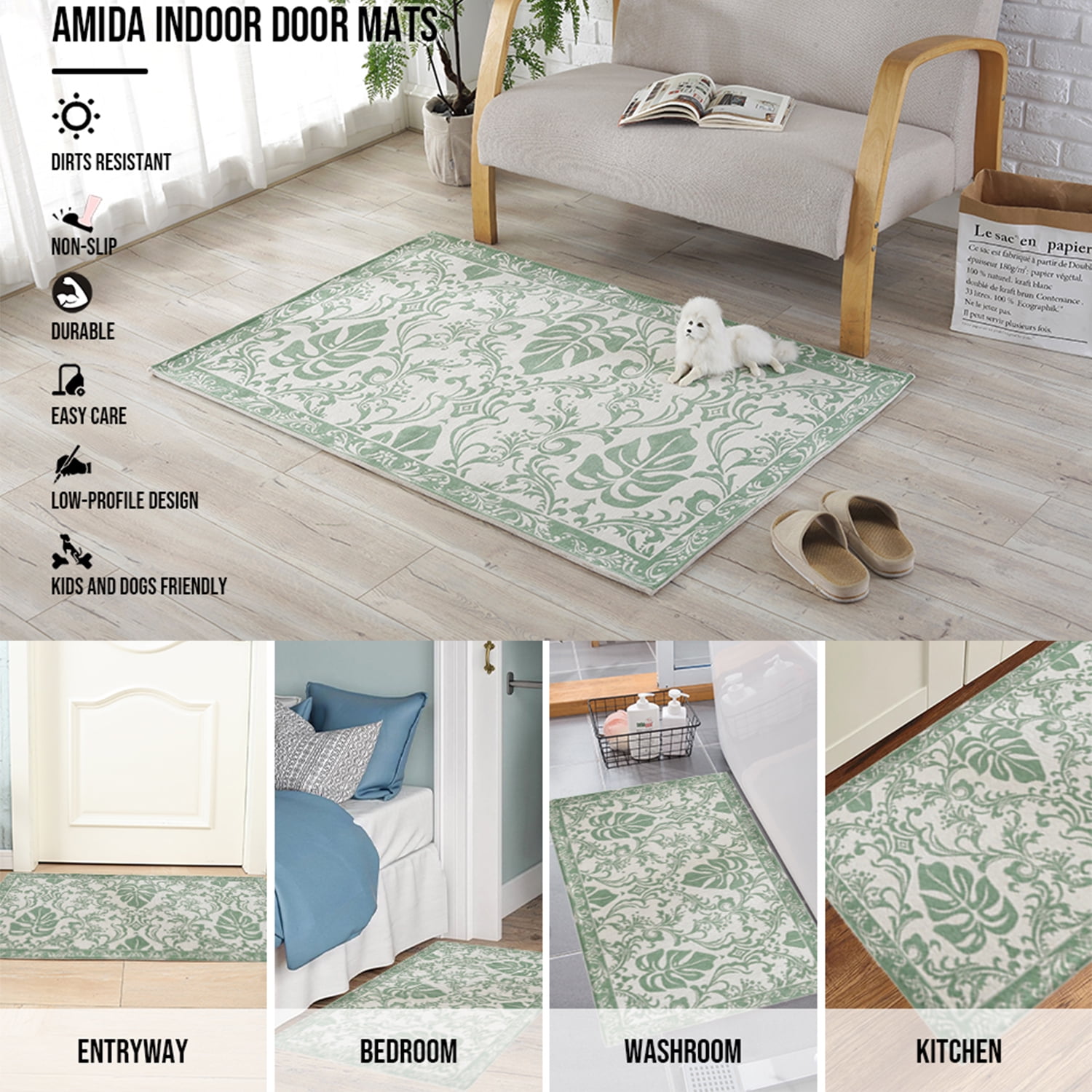 AMIDA Indoor Doormat 24x36 Green Leaves Durable Absorbent Door Mats  Indoor Rug Machine Washable Low-Profile Inside Door Mat for Entryway 