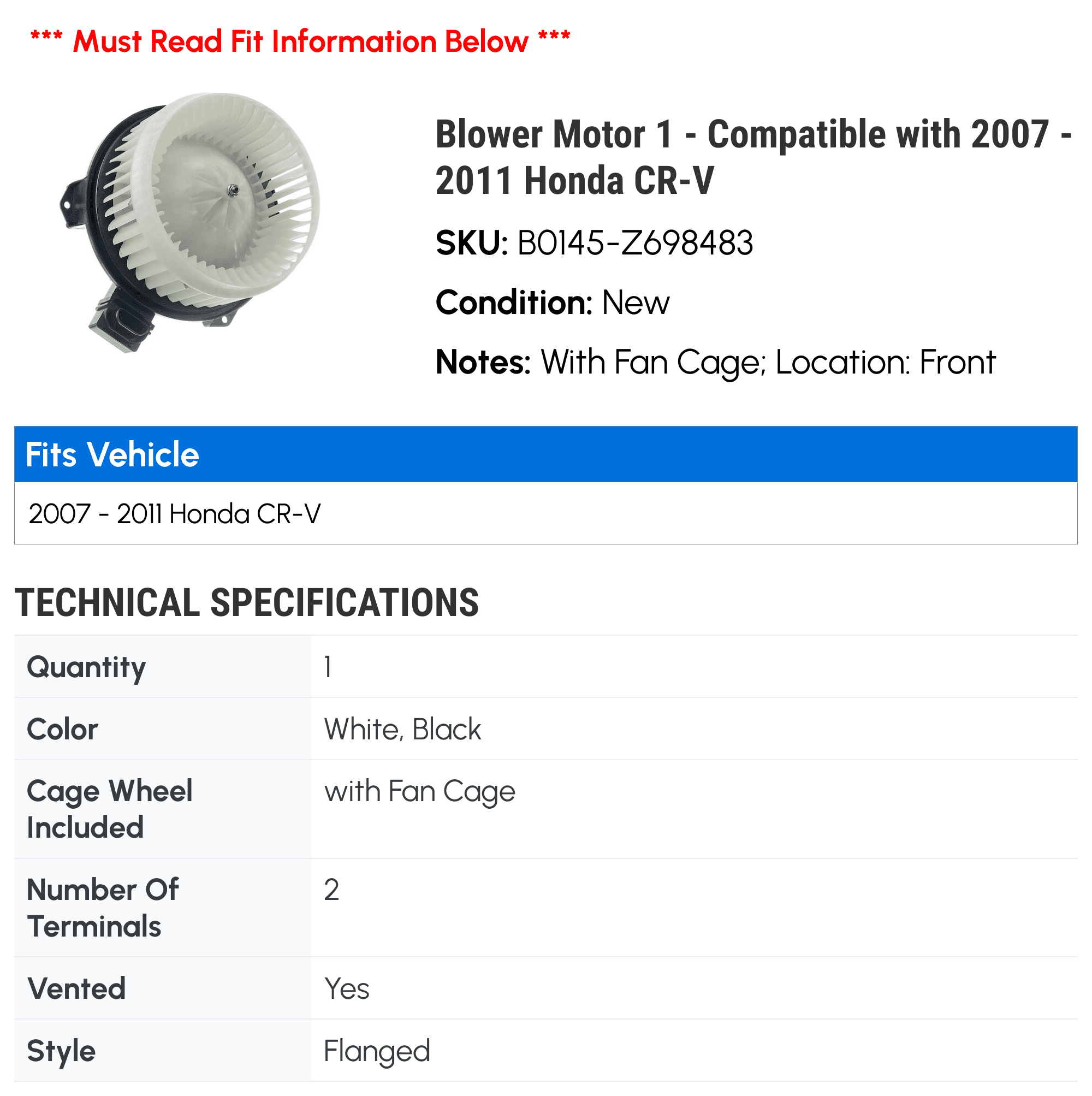 Blower Motor 1 - Compatible with 2007 - 2011 Honda CR-V - Autopart Premium