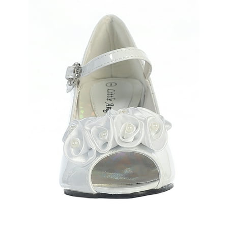 Ivory Party Shoes - Dempsey Marie Girl's Peep Toe Dress Shoe with Satin Flowers