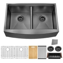 33 inch Gunmetal Black Double Bowl Farmhouse Workstation Sink with Faucet, 18 Gauge Farm Apron-Front Stainless Steel Kitchen Sink R10 Round Corner
