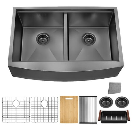 33 inch Gunmetal Black Double Bowl Farmhouse Workstation Sink with Faucet, 18 Gauge Farm Apron-Front Stainless Steel Kitchen Sink R10 Round Corner