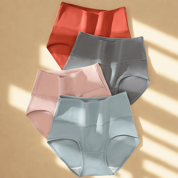 4PCS Women's High Waist Underwear, Cotton Mesh Breathable Menstrual Briefs with Extended Gusset, Quick Dry Odor Free - M