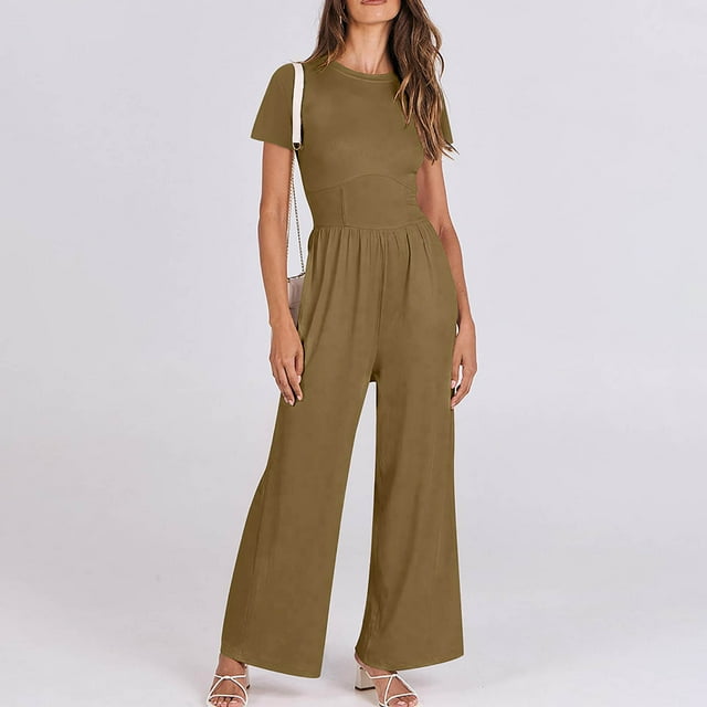 Combinaisons pour Femmes, Combinaison Décontractée pour Femmes à Col Rond, Manches Courtes, Taille Moyenne, Jambes Larges