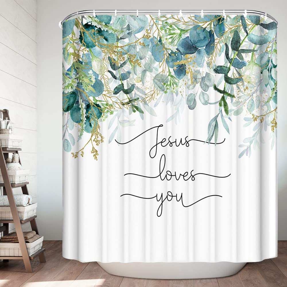 Bible Verse Botanical Shower Curtain, Christian Scripture Jesus Loves