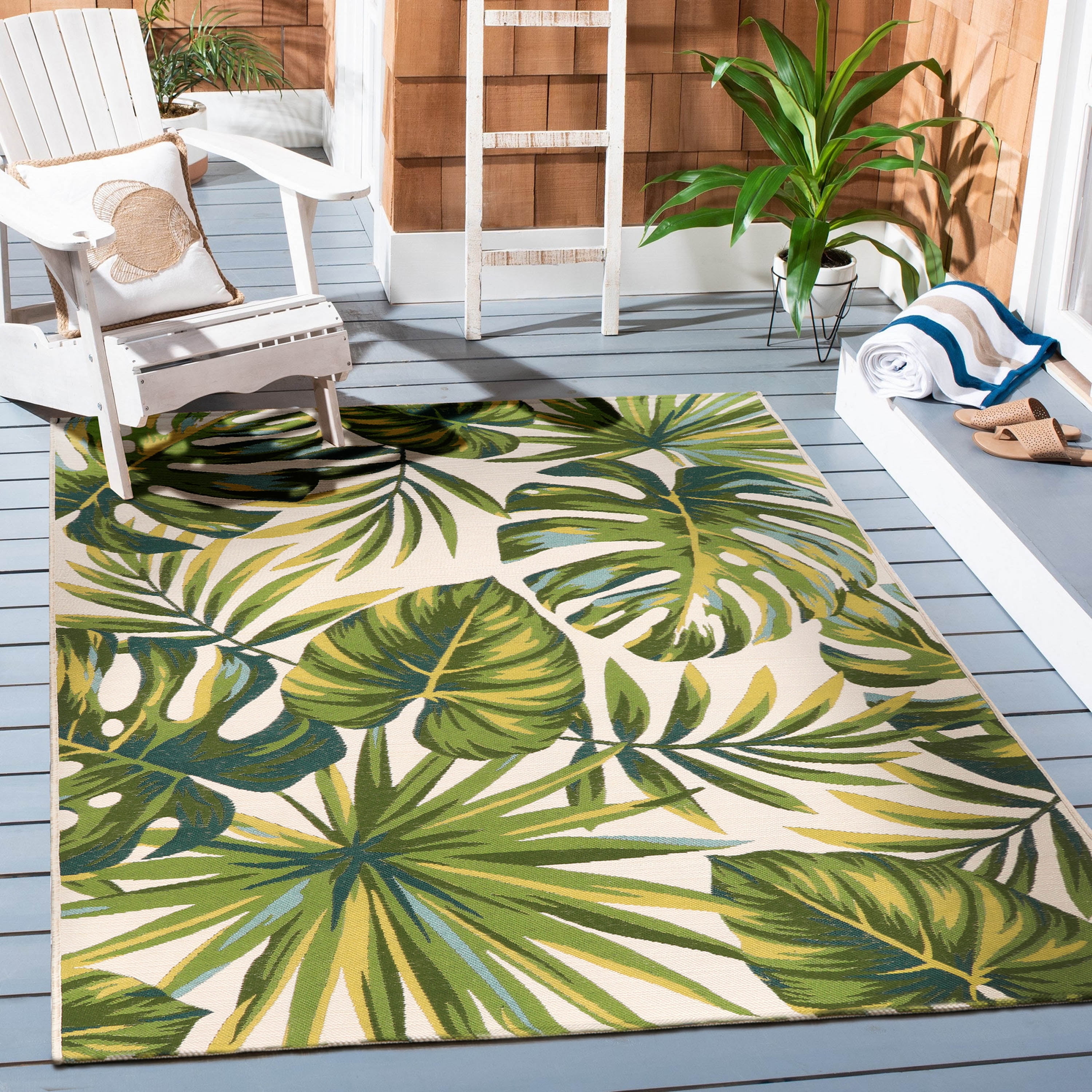 Waterproof Outdoor Rug 6x9 Ft Large Area Rug Green Plants Floral Leaf Black  Background Indoor Outdoor Carpet Reversible Outdoor Rugs Mats for Patio