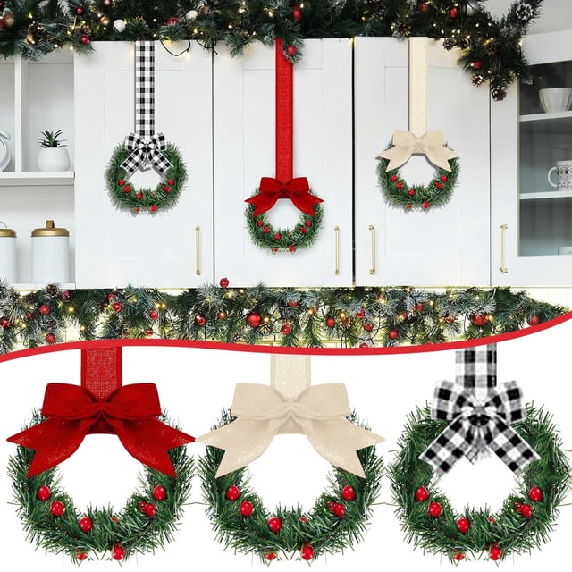 6pc Mini Christmas Cabinet Wreath Set with Berry Bow - Exquisite Design, Easy Installation, Multifunctional Use for Holiday Ambience in Your Kitchen and Home Decor - 3.94 Inch Size for Versatile