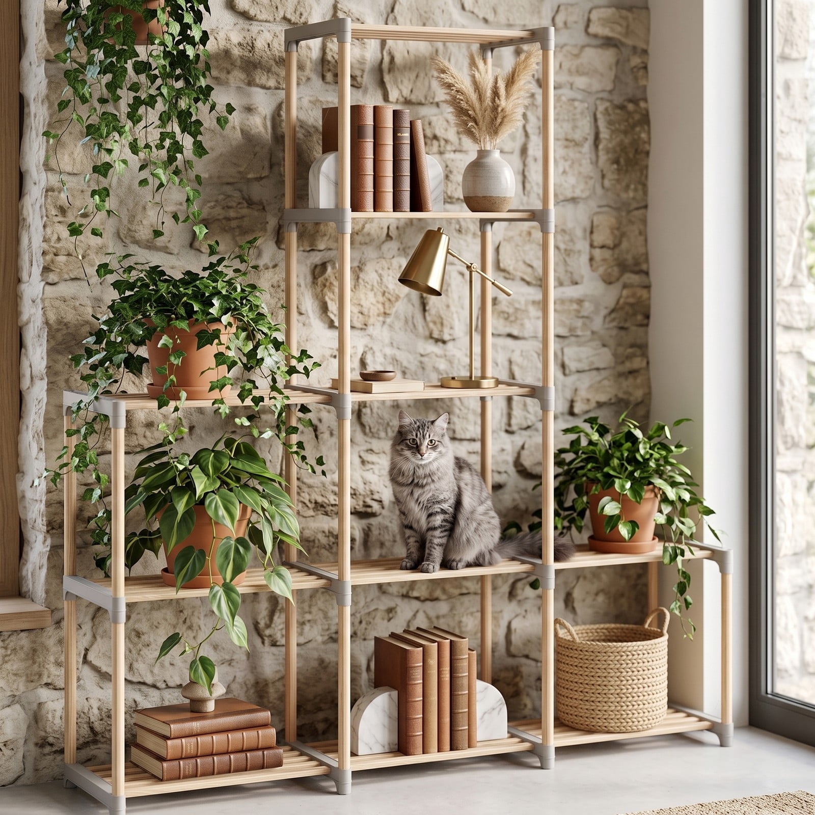 Furnibear 5-Tier Bookshelf Open Wood Bookcase Tall Storage Shelf Organizer for Home Office Living Room Bathroom, Natural and Gray