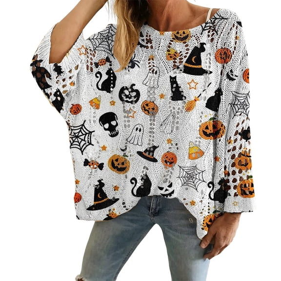 Halloween Sweater for Women Crochet Pumpkin Ghost Graphic Oversized Knit Pullover Cozy Fall Sweater Women's Pullover Sweater Tops