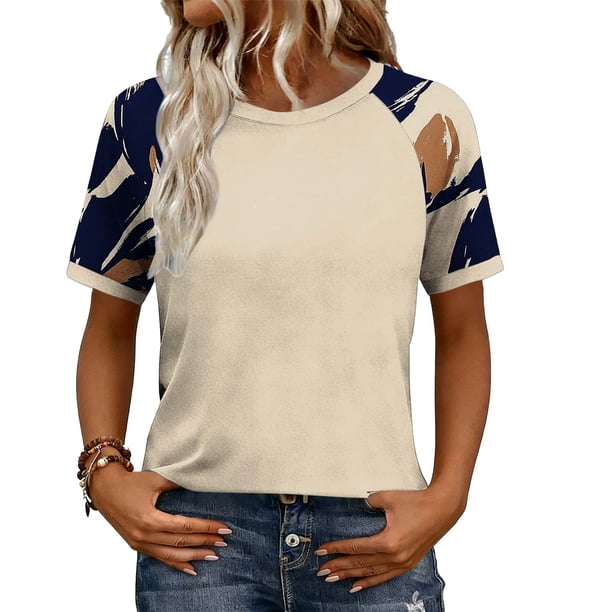 Tops de manga corta de mujer casual con impresión fuera del hombro, blusa de moda de manga Raglan para primavera verano