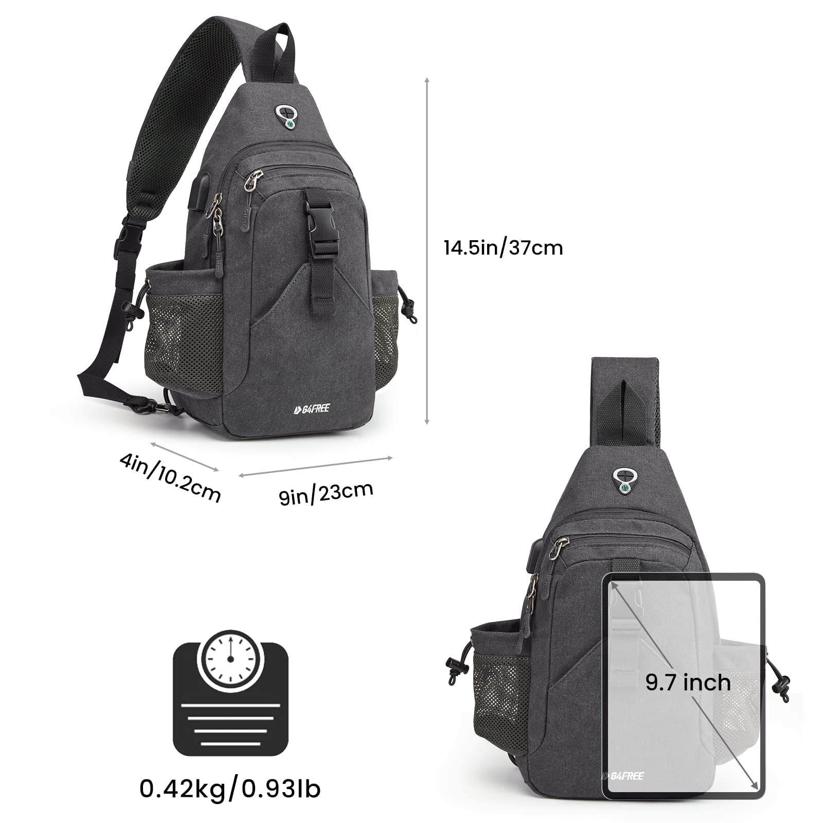 G4Free Canvas Sling Bag Crossbody Backpack with USB Charging Port & RFID Blocking, Hiking Daypack Chest Bag for Women Men