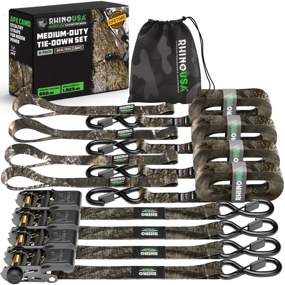 Rhino USA x Realtree Ratchet Straps Tie Downs (4PK) - 1"x15' (1,823lb Break Strength) - Ultimate Tie Down Straps with Safety S Hooks - for Trucks, Cargo, Moving, Appliances- Realtree APX Camo