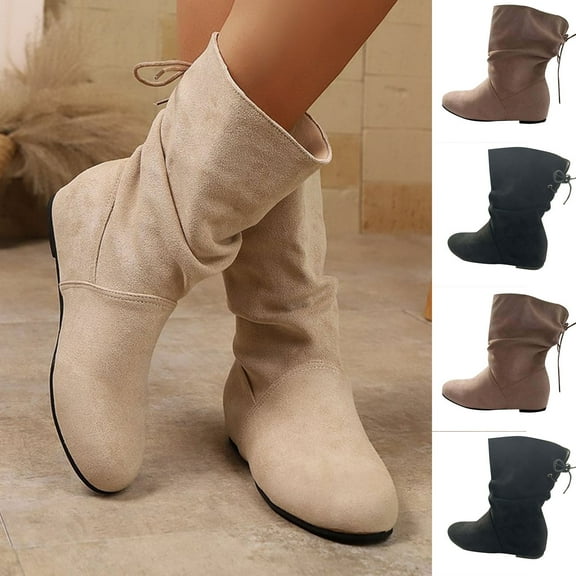 LOVZFMLL Boots for Women Mid Calf Stovepipe Boots Lace Up Round Toe Adjustable Straps Flat Heel Low Military Fall Winter Shoes