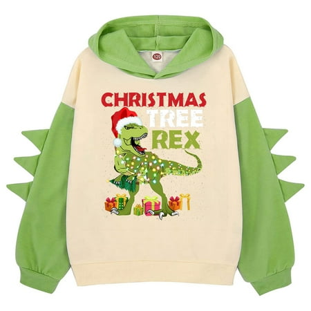 

REDARER Creative Cute Kids Clothes Little Boys Girls Christmas Dinosaur Letter Hoodie Pullover Sweatshirt Cute Splice Hooded Winter Kids Casual Tops Xmas Outfits Green 8-9 Years