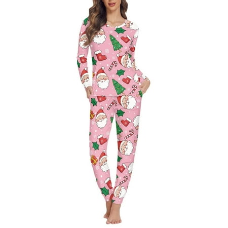 

NETILGEN 2 Pieces Father Christmas & Candy Cane Pajamas for Women Set Long Pants O-Neck Nightwear for Women Sleepwear Cotton Home Life Women Sleepwear Nightgown