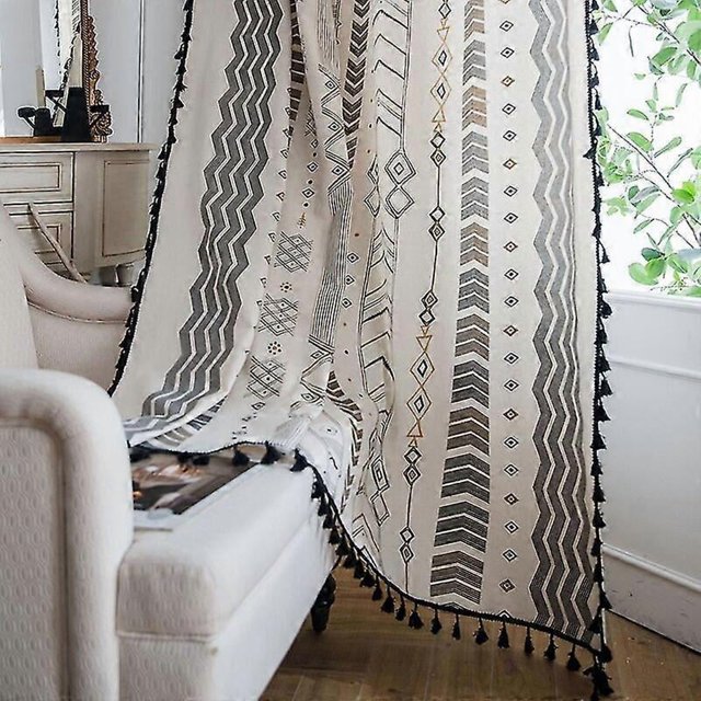 Boho geometric bohemian curtain for bedroom living room cotton linen printed decorative curtains with tassel home decoration GuanGuan