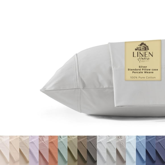 Linen Home Taies d'Oreiller en Percale 100 % Coton Taille Grand, Argent, 2 Pcs de Taie d'Oreiller, Linge de Lit Frais et Solide, 20 Pouces X 30 Pouces