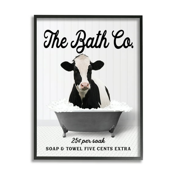Stupell Industries Vintage Bathroom Cow Animals & Insects Painting Black Framed Art Print Wall Art, 11 x 14