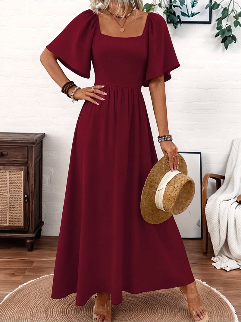 concert maxi dress Womens Bohemian Square Neck Elegant Flared Ruffle Sleeve Maxi Dress Concert  Beach Vacation Gown Cream White L
