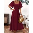 thumbnail image 5 of Womens Bohemian Square Neck Elegant Flared Ruffle Sleeve Maxi Dress Concert Beach Vacation Gown Wine Red S, 5 of 8