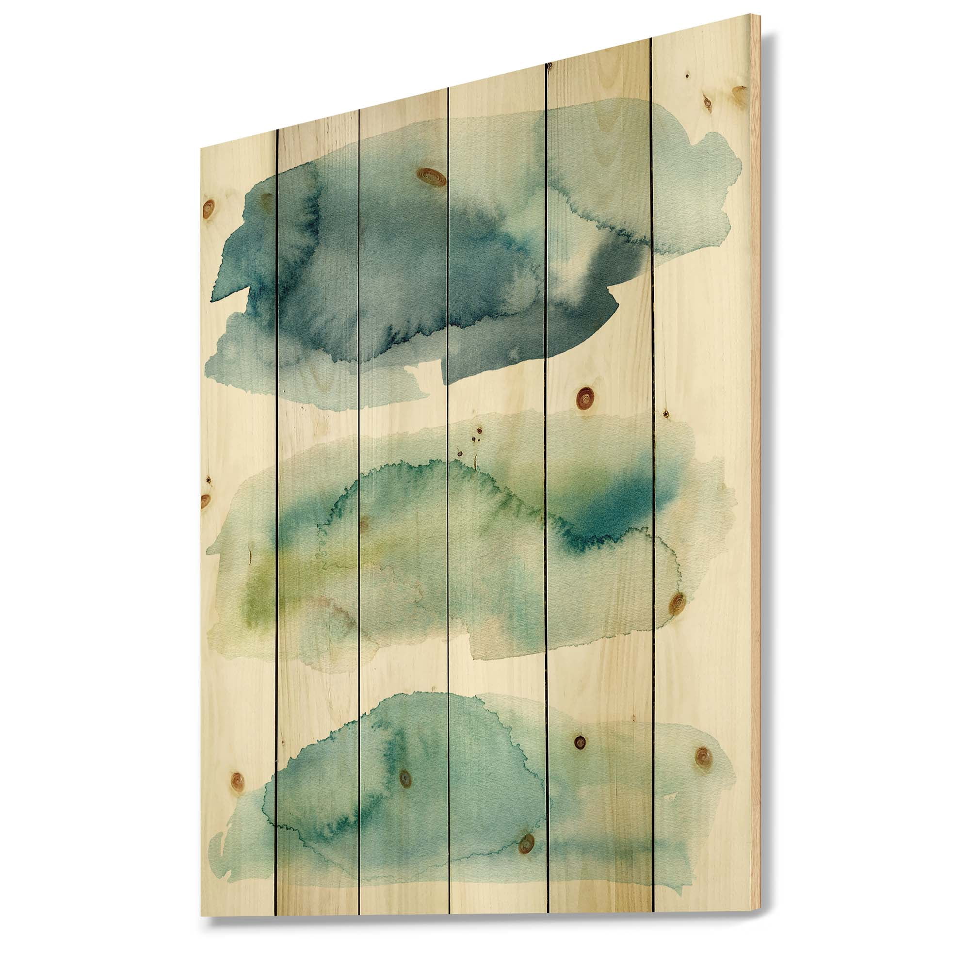 Designart 'Green and Blue Clouds' Modern Print on Natural Pine Wood